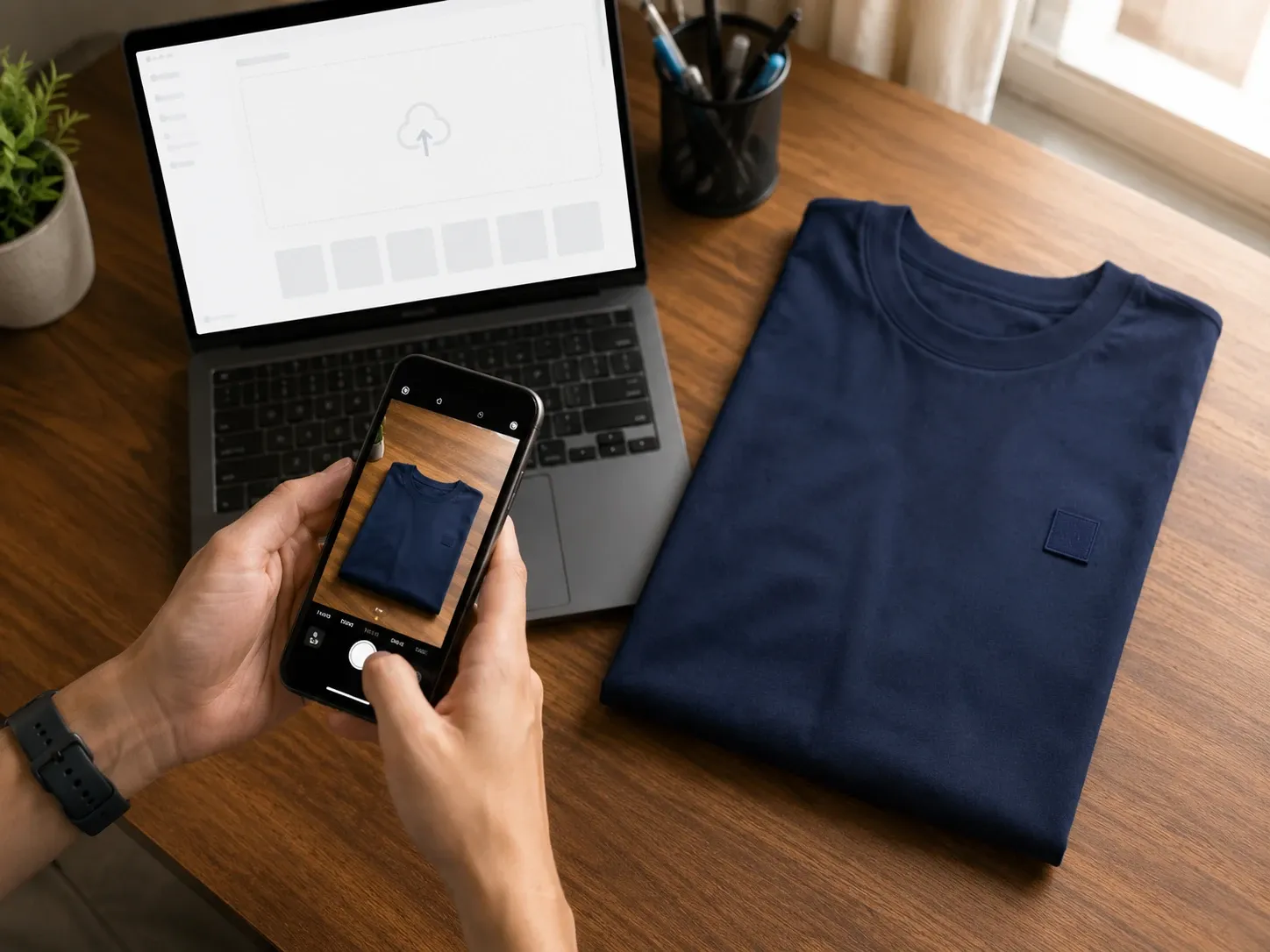 A person photographs a folded navy t-shirt on a wooden desk using a phone, with a laptop showing an upload screen next to it